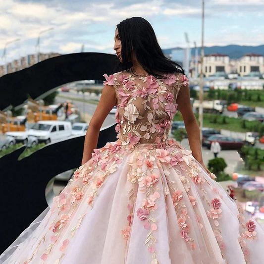 Prinzessin Ballkleid Rosa Tüll Ballkleider mit handgemachten Blumen, Quinceanera Kleid gh2127