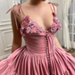 Long Satin Flowers Evening Dresses Spaghetti Straps V Neck Formal Evening Party Dress  gh2112