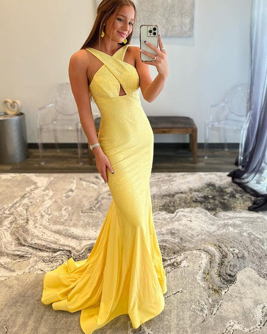 Crisscross Beading Yellow Mermaid Prom Dress gh2486