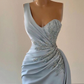 Luxury Sky Blue One-Shoulder Prom Dress Mermaid Split With Ruffles gh2061