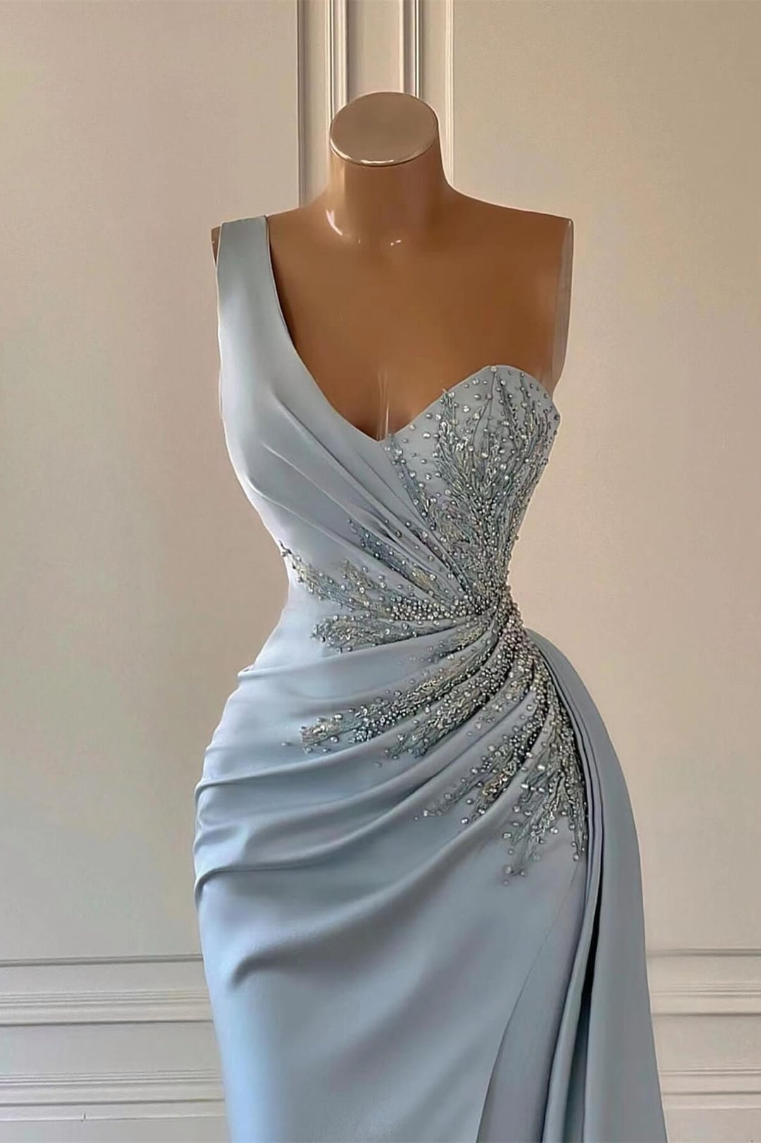 Luxury Sky Blue One-Shoulder Prom Dress Mermaid Split With Ruffles gh2061