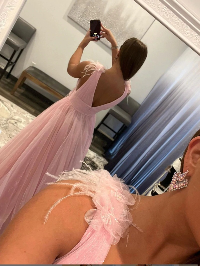 Pink v neck tulle long prom dress, pink tulle evening dress gh2498