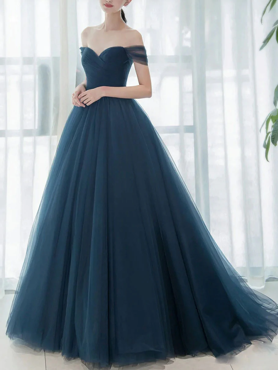 Einfaches blaues schulterfreies langes Ballkleid, Tüll-Brautjungfernkleid mit V-Ausschnitt gh2288