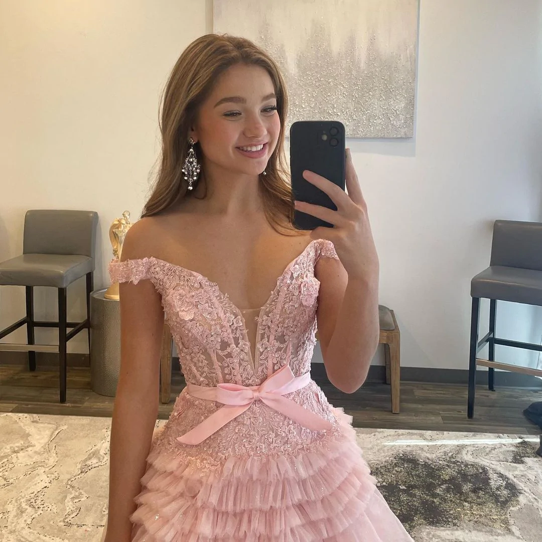 Cute A Line Off the Shoulder Pink Tulle Prom Dresses Quinceanera Dresses gh2495