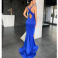 Sexy Royal Blue Elastic Satin Prom Dresses, Side Slit Prom Dresses  gh2094
