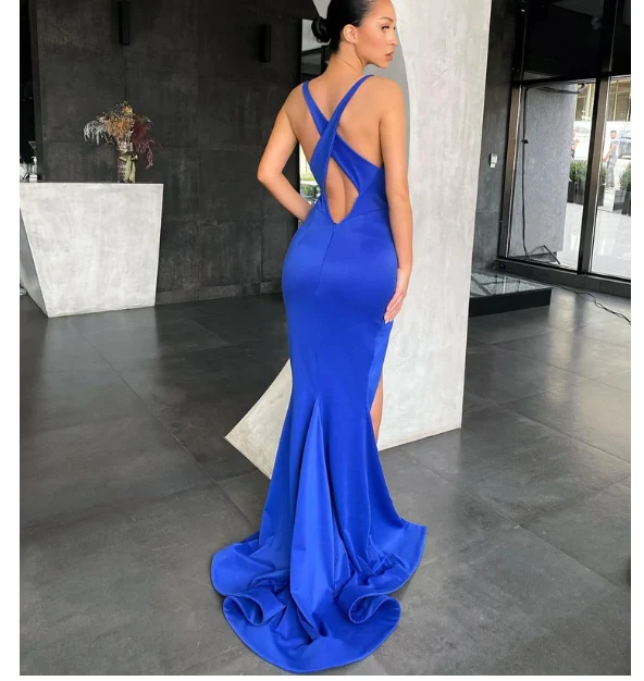 Sexy Royal Blue Elastic Satin Prom Dresses, Side Slit Prom Dresses  gh2094