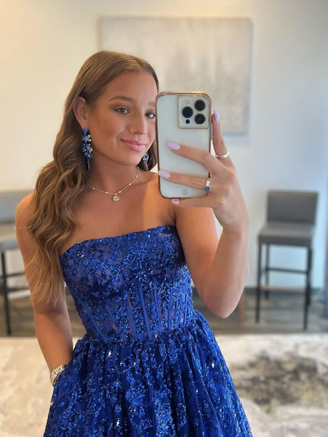 Blau A-Linie Tüll langes Ballkleid mit Pailletten, blaues Tüll Abendkleid gh2213