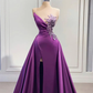 Purple high slit train mermaid dress wedding reception dress satin lace wedding dress ball gown evening dress gh2446