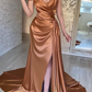Sleeveless Mermaid Brown Sweetheart Prom Dress Split With Ruffles gh1958