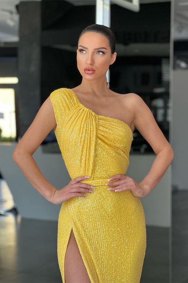 Amazing Yellow One Shoulder Sequins evening Dress Mermaid With Slit  gh2002