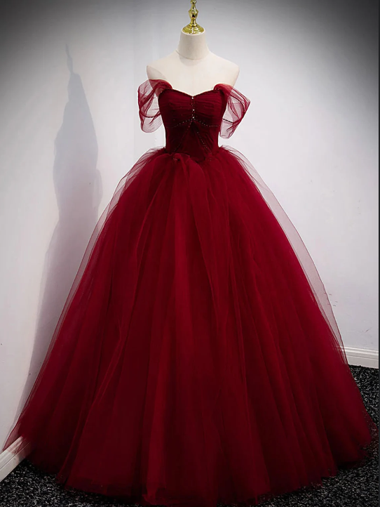 Off-the-Shoulder Sweetheart Lace Tulle Beaded Lace-Up Appliques Floor-Length Prom Dresses gh2421