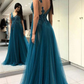 A Line V Neck Tulle Open Back Lace Beads Sleeveless Evening Prom Dresses gh2016