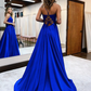 Blue v neck satin lace long prom dress, blue evening dress gh2442