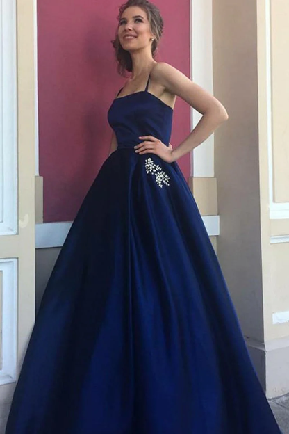 Elegant A-Line Spaghetti Straps Dark Blue Satin Prom Dress with Beading Pockets gh2333