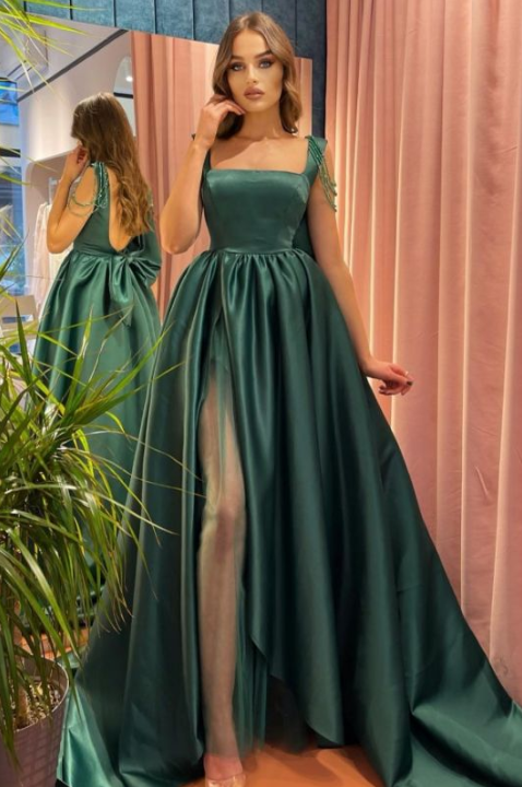 Square neck Long Evening Dress Side Slit Backless Formal Dress with Bow Tie gh2419