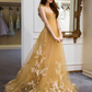 Champagne tulle lace long prom dress, tulle lace evening dress gh2231