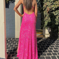 Charming Mermaid V-Ausschnitt Pink Pailletten lange Ballkleider mit Schlitz gh2512