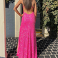 Charming Mermaid V Neck Hot Pink Sequins Long Prom Dresses with Slit  gh2512