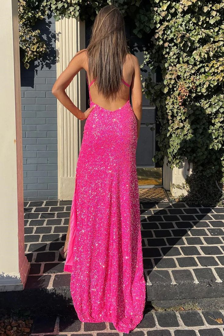 Charming Mermaid V Neck Hot Pink Sequins Long Prom Dresses with Slit  gh2512
