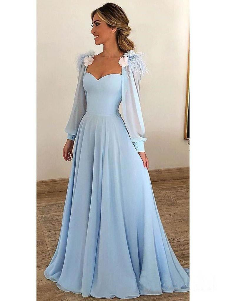 Himmelblaue lange Chiffon-Abschlussball-Kleider mit Hülsen-formalen Kleidern gh2155