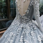 Romantic light grey long sleeve floral long lace applique wedding dress prom dress evening gown gh2092