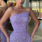 Fabulous Lilac Strapless Sequins Evening Dress Mermaid Long With Split gh2038