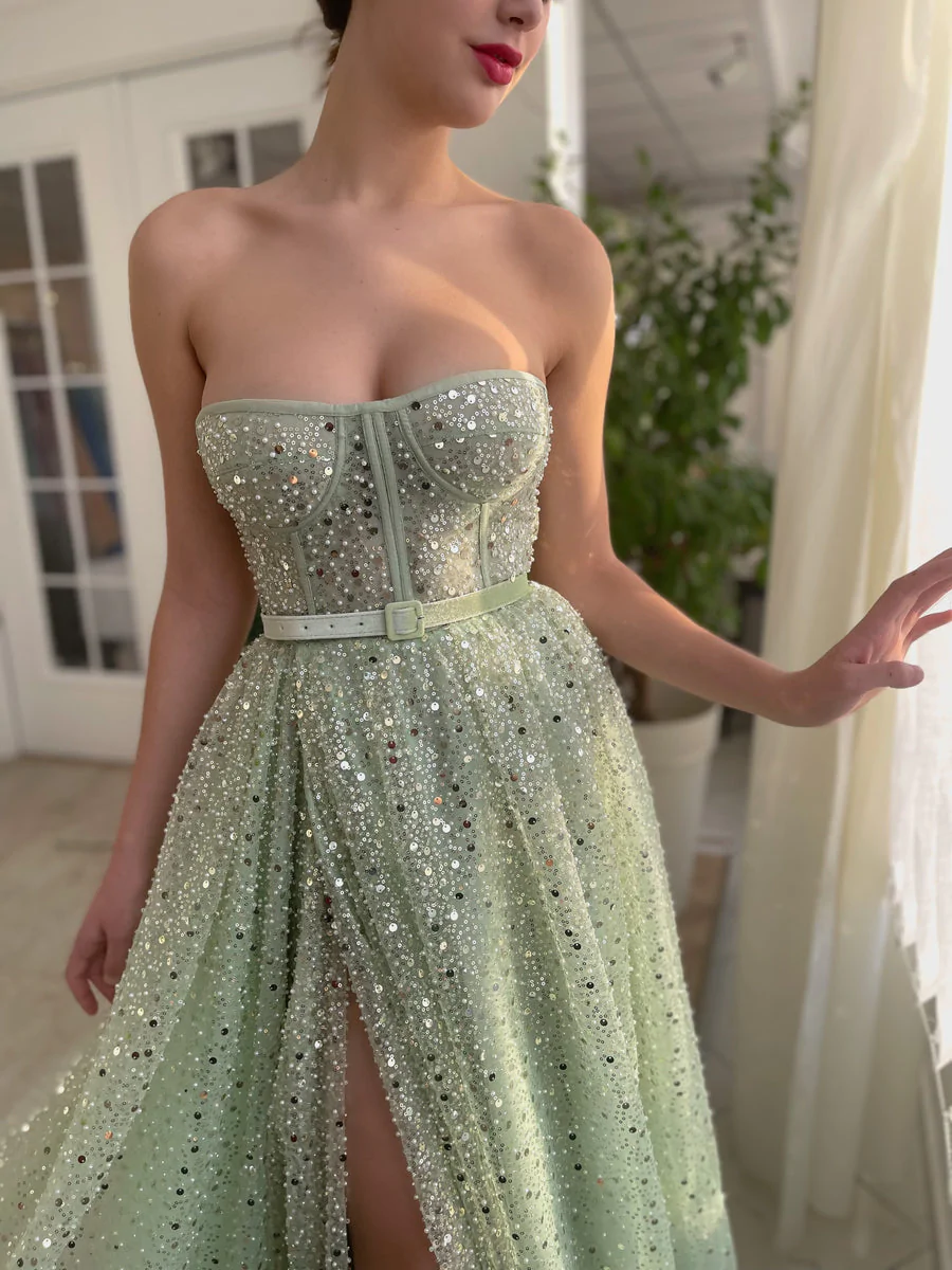 Green tulle sequins prom dress Formal Couture Dress  gh2205