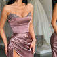 Strapless Sparkly Sequins Mermaid Side Slit Long Prom Dress With Train,Party Dress,Evening Dress ,Slit Dress  gh2393