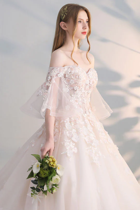 Helles Champagner Tüll Spitzenapplikationen langes Ballkleid Abendkleid Hochzeitskleid gh2281