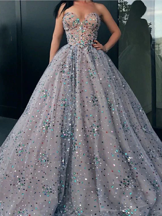 Princess Strapless Sweetheart Beads Ball Gown Rhinestone Prom Dress with Long Sparkly  gh2329