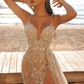 Spaghetti Straps V Neck Tulle Appliques Lace High-Split Mermaid Prom Dresses  gh2290