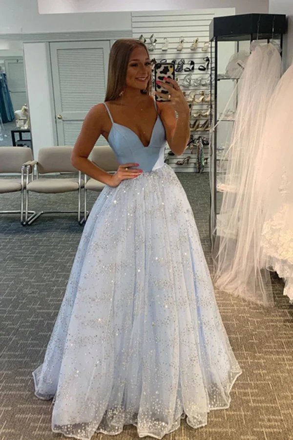 Sparking Lace Spaghetti Straps A line Prom Dresses, Long Prom Dress  gh1965