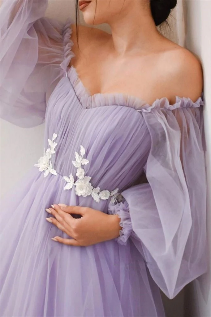 Lavender Off-the-Shoulder A-line Long Tulle Dress  gh2289