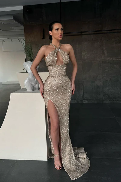 HALTER SEQUINS MERMAID PROM DRESS SLEEVELESS WITH SLIT gh1939