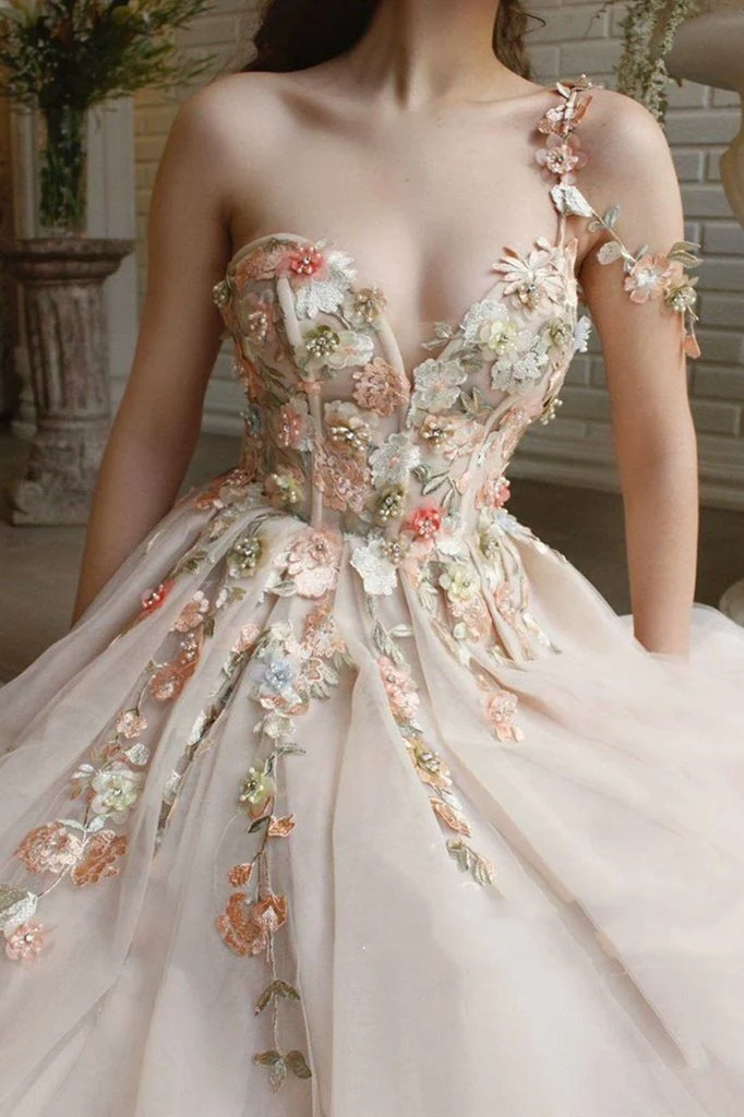 Elegant One Shoulder Champagne Prom Dresses with Flower, One Shoulder Champagne Floral Formal Evening Dresses gh2066