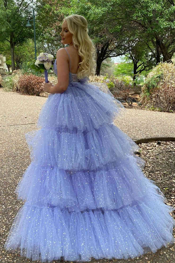 Glitter Hi-Low Lavender Tiered Tulle Prom Dress gh2249
