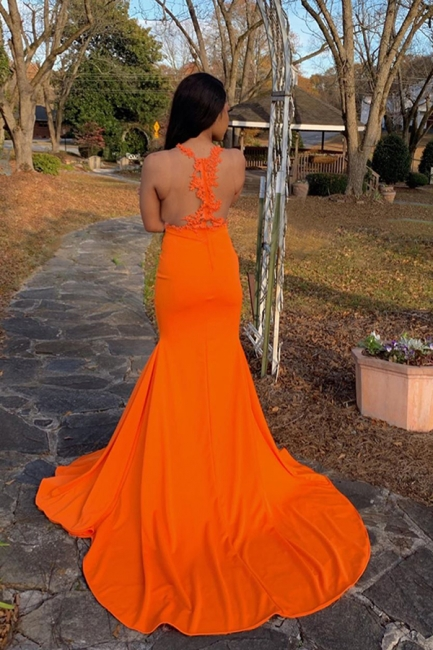 Jewel Sheer Sleeveless Appliques Orange Mermaid Prom Dresses with Side Split gh2425