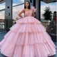 Charming Ball Gown Tulle Pink One Shoulder Long Prom Dresses, Quinceanera Dresses  gh2091