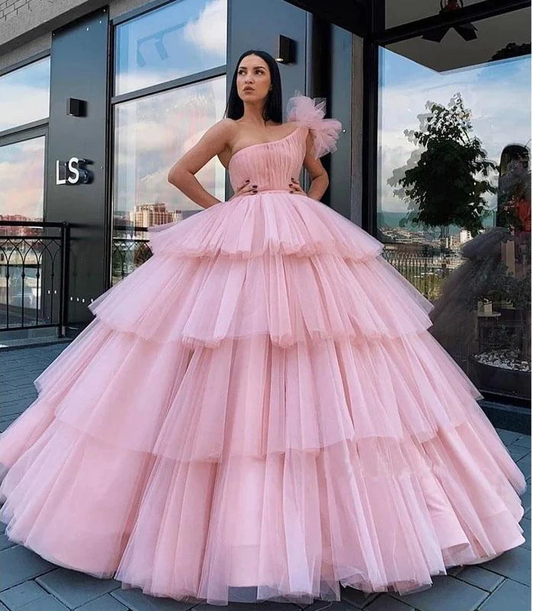 Charming Ball Gown Tulle Pink One Shoulder Long Prom Dresses, Quinceanera Dresses  gh2091