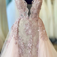 Spaghetti Straps Beads Appliques V Neck Pink Prom Dresses with Detachable Train  gh2085