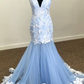 Robe de bal sirène à col en V et appliques en dentelle bleu ciel gh2312