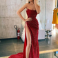 Burgundy High Split Sparkle Evening Dresses Long Strapless Prom Dress gh2390