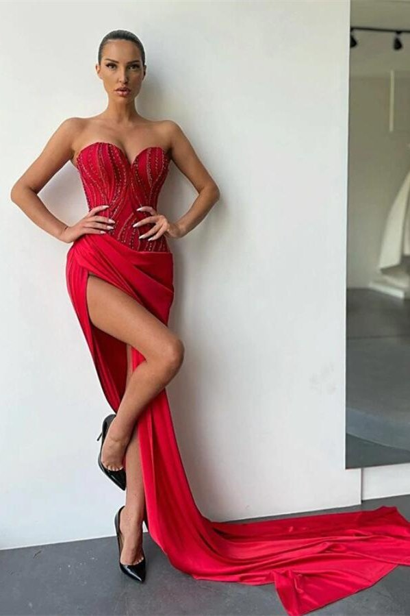 Classic Red Sweetheart Mermaid Prom Dress Split Long With Beadings gh1923
