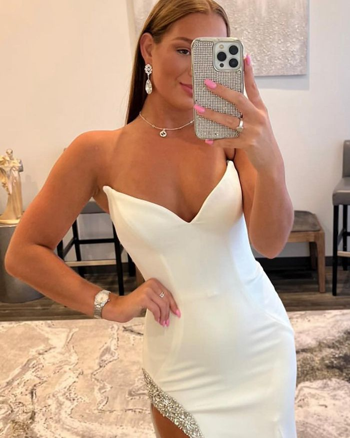 Satin Mermaid White Prom Dress with Beading Side Slit gh2506