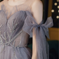 Graublaues Ballkleid Atemberaubendes Glitzer-Tüll-Brautjungfernkleid Lange Tüllärmel Abschlusskleid Illusions-Abendkleid Bodenlang gh2232