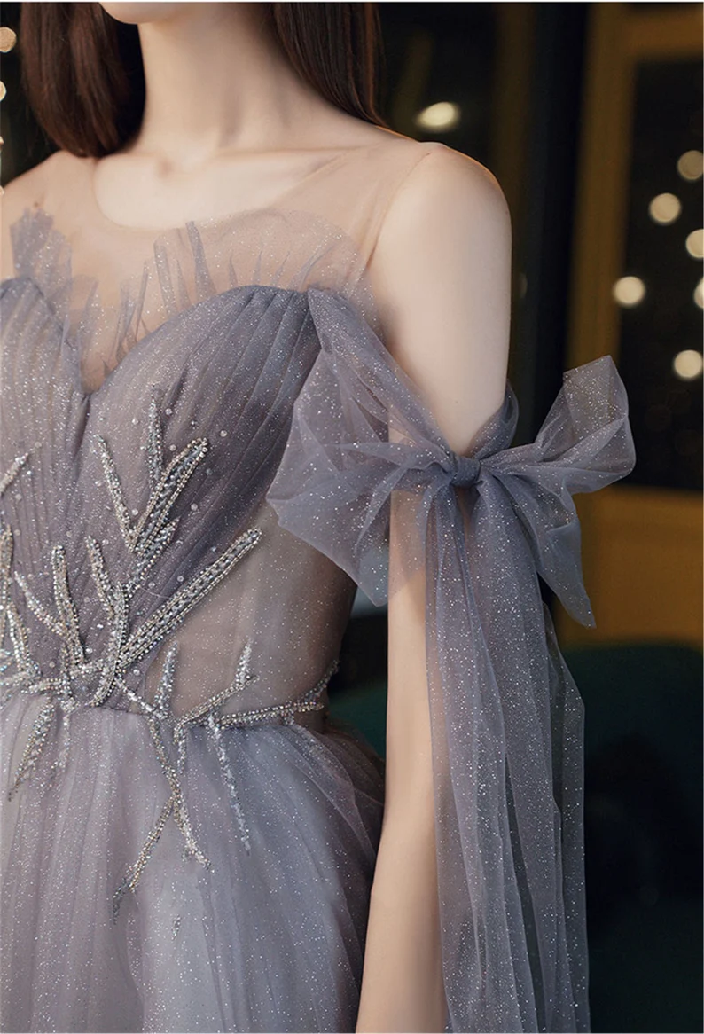 Gray Blue Prom Dress Stunning Glitter Tulle Bridesmaid Dress Long Tulle Sleeves Graduation Dress Illusion Evening Dress Floor Length gh2232