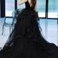 Simple Black Long Ruffle Tulle V Neck Formal Prom Dress gh2624