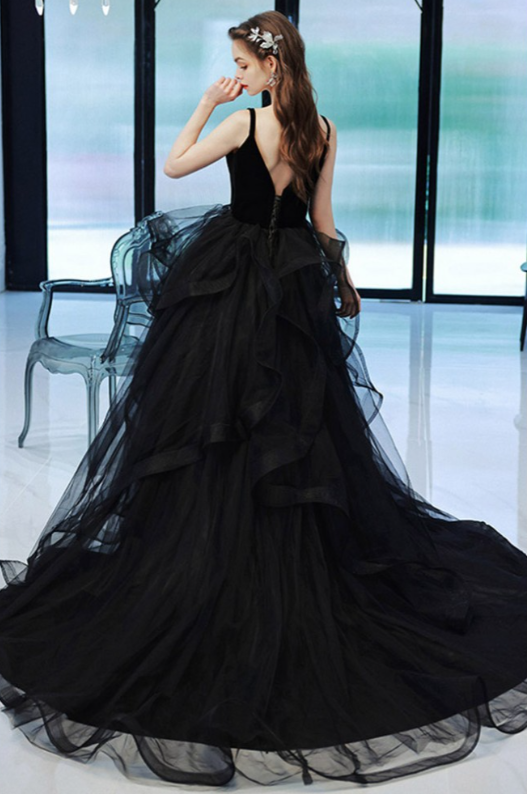 Simple Black Long Ruffle Tulle V Neck Formal Prom Dress gh2624