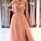 Pink charming heart-shaped sling tulle slit long evening dress gh2169