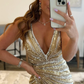 Sparkly Golden V-Neck Sequins Long Prom Dress gh2560